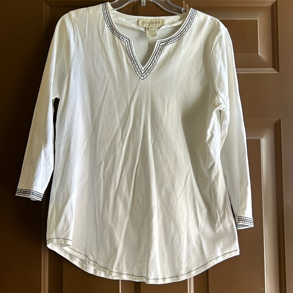 Easy Spirit Women’s (M) White Embroidered Tunic Blouse 3/4 Sleeve Boho